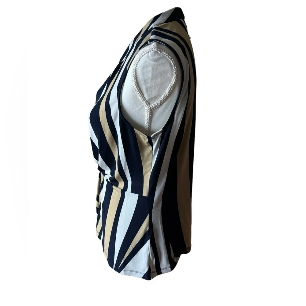 DKNY‎ Navy Tan White Striped Sleeveless Wrap Blouse Top - Image 3