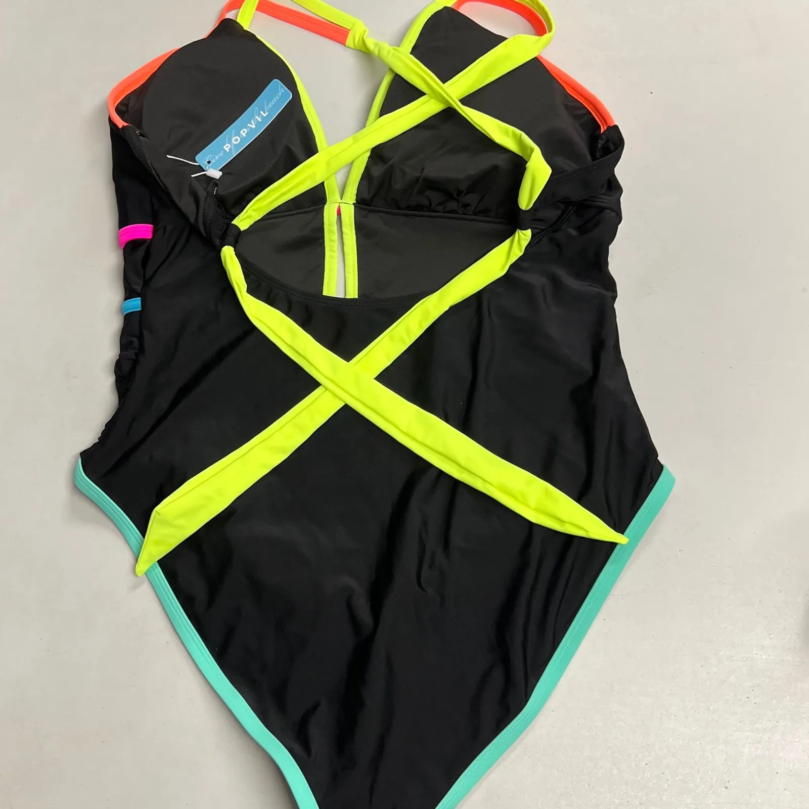 POPVIL Women's One Piece Neon Color Swimsuit Ruched Cut Out Size XL Multicolored Black - Image 2