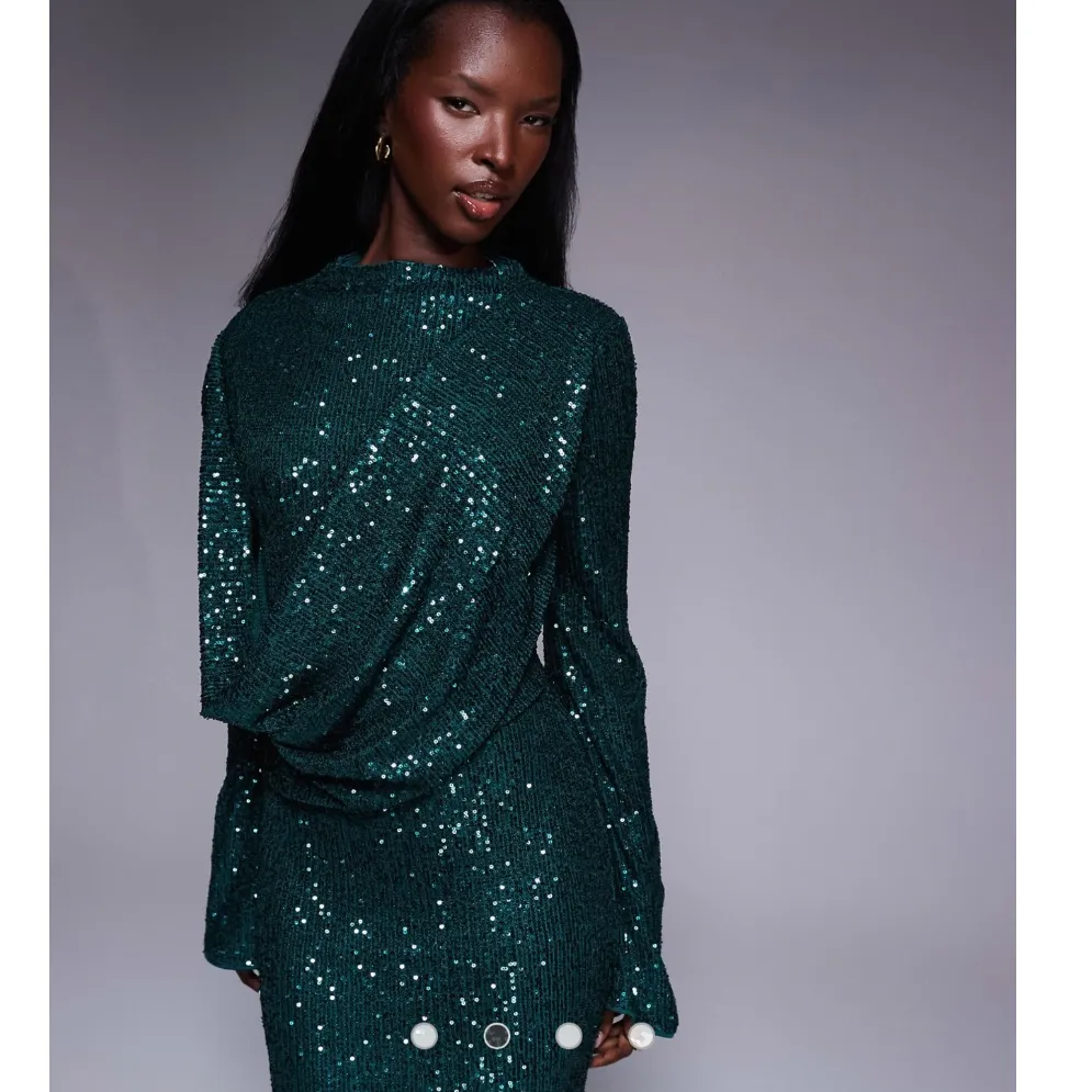 ASOS DESIGN all over sequin long sleeve wrap front detail maxi dress in emerald - Image 2