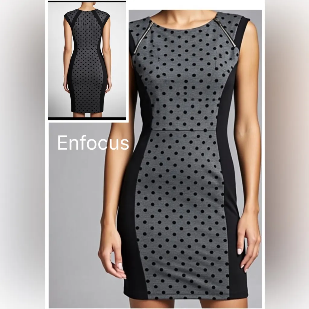 Womens Sleeveless Polka Dot Sheath Dress Black Grey Zip Neck Career - Image 2