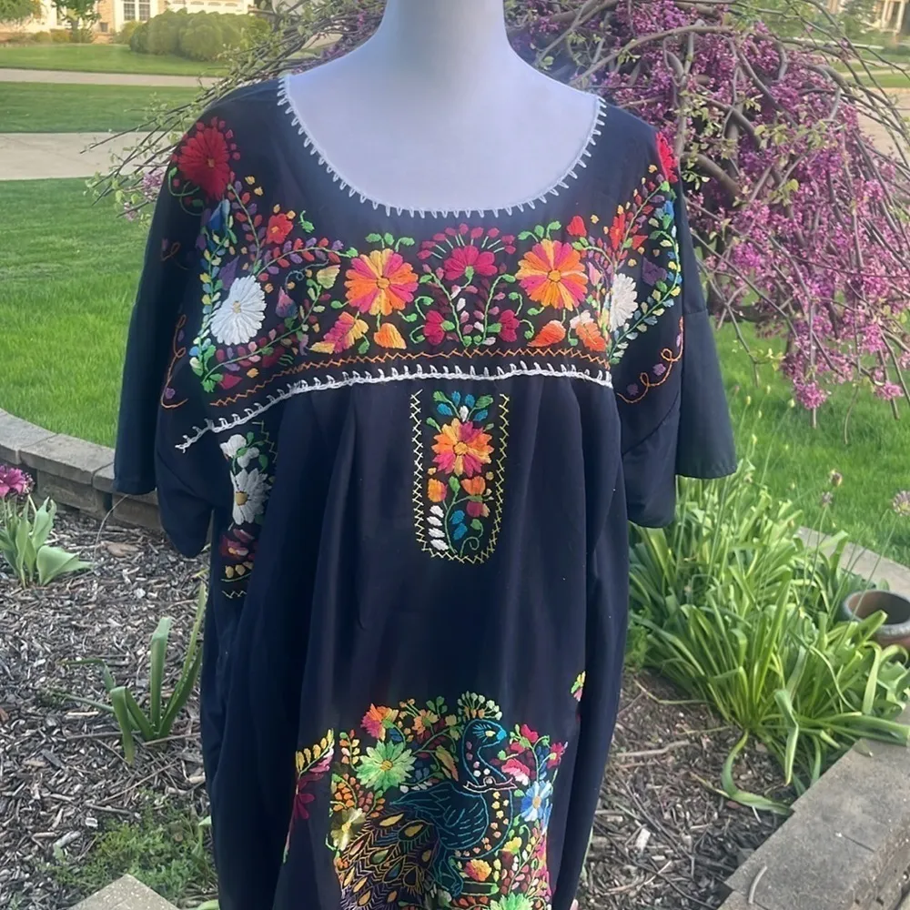 Handmade Embroidered Mexican maxi Dress colorful flowers peacock size Large Blue Size M - Image 12