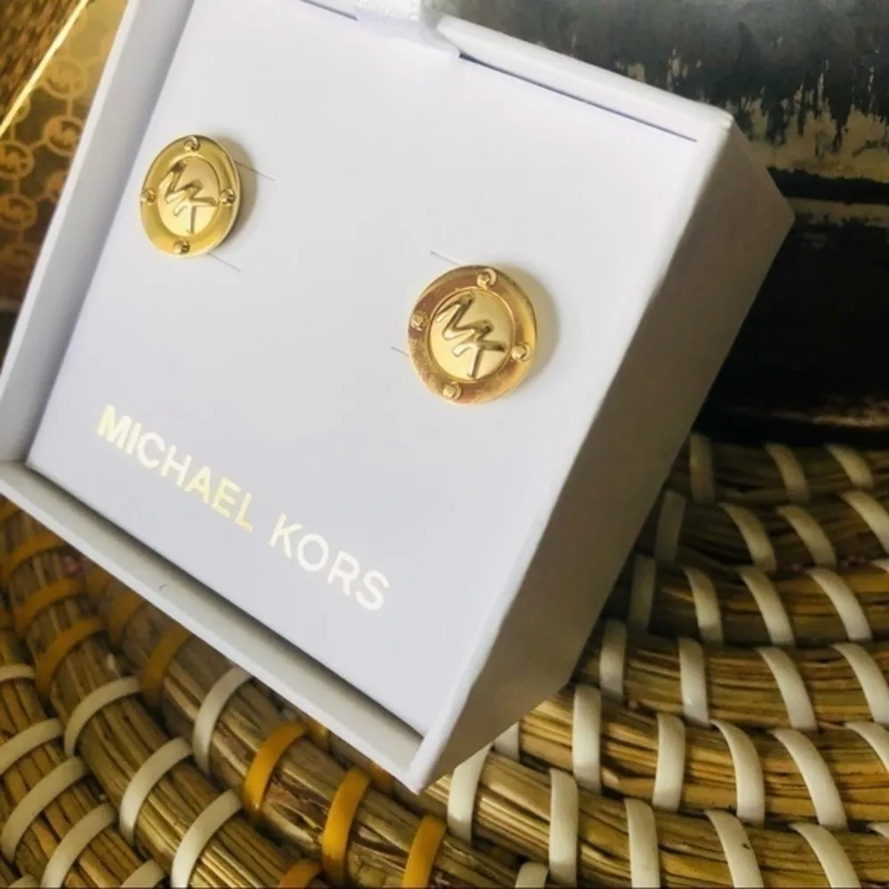 Michael Kors Gold MK Logo Stud Earrings Polished Round Post NWT - Image 4