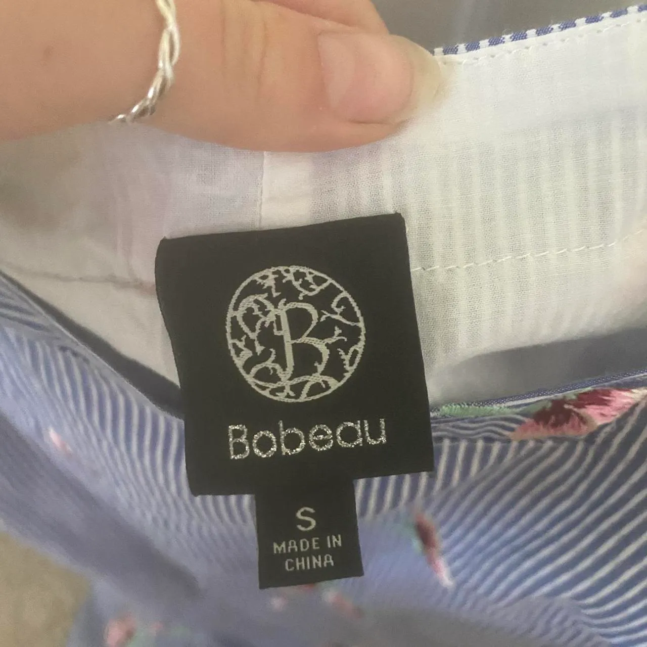 Blue And White Pinstripe Off The Shoulder Dress With Embroidered Poppies - Image 2