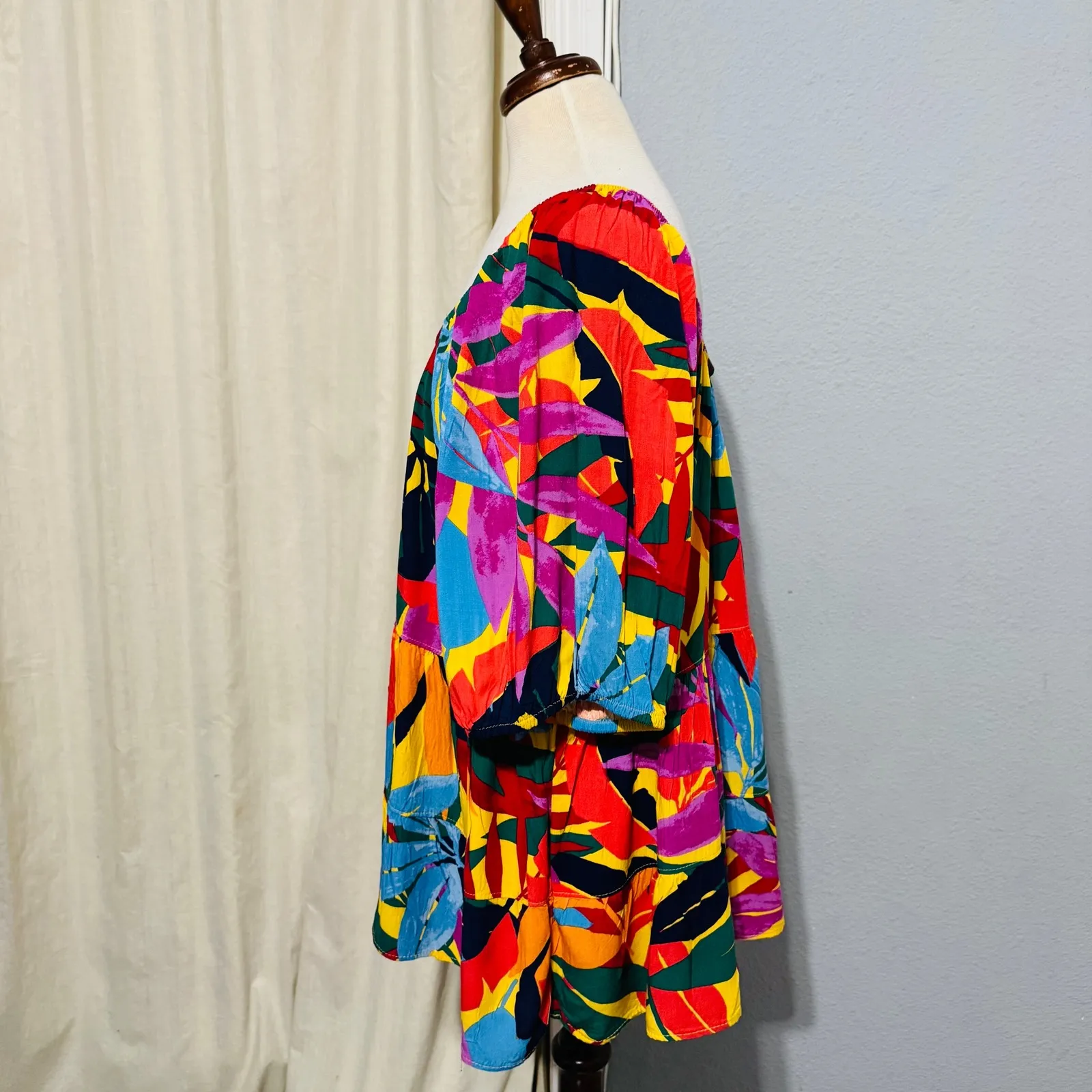 Terra Sky Women's Tropical Leaf Print Tiered Ruffle Off the Shoulder Tunic 2X - Image 3