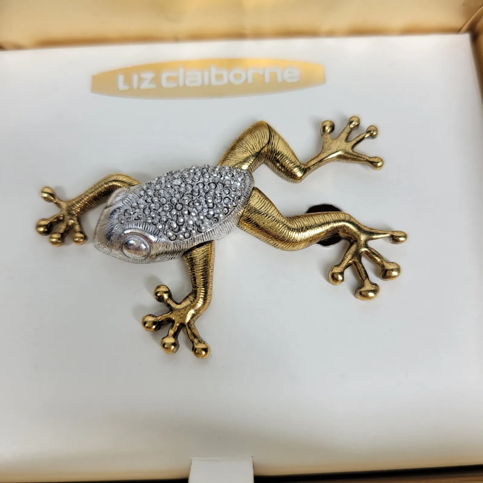 VTG Liz Claiborne Frog Brooch Gold Silver Tone Rhinestone Jewelry Dead Stock - Image 8