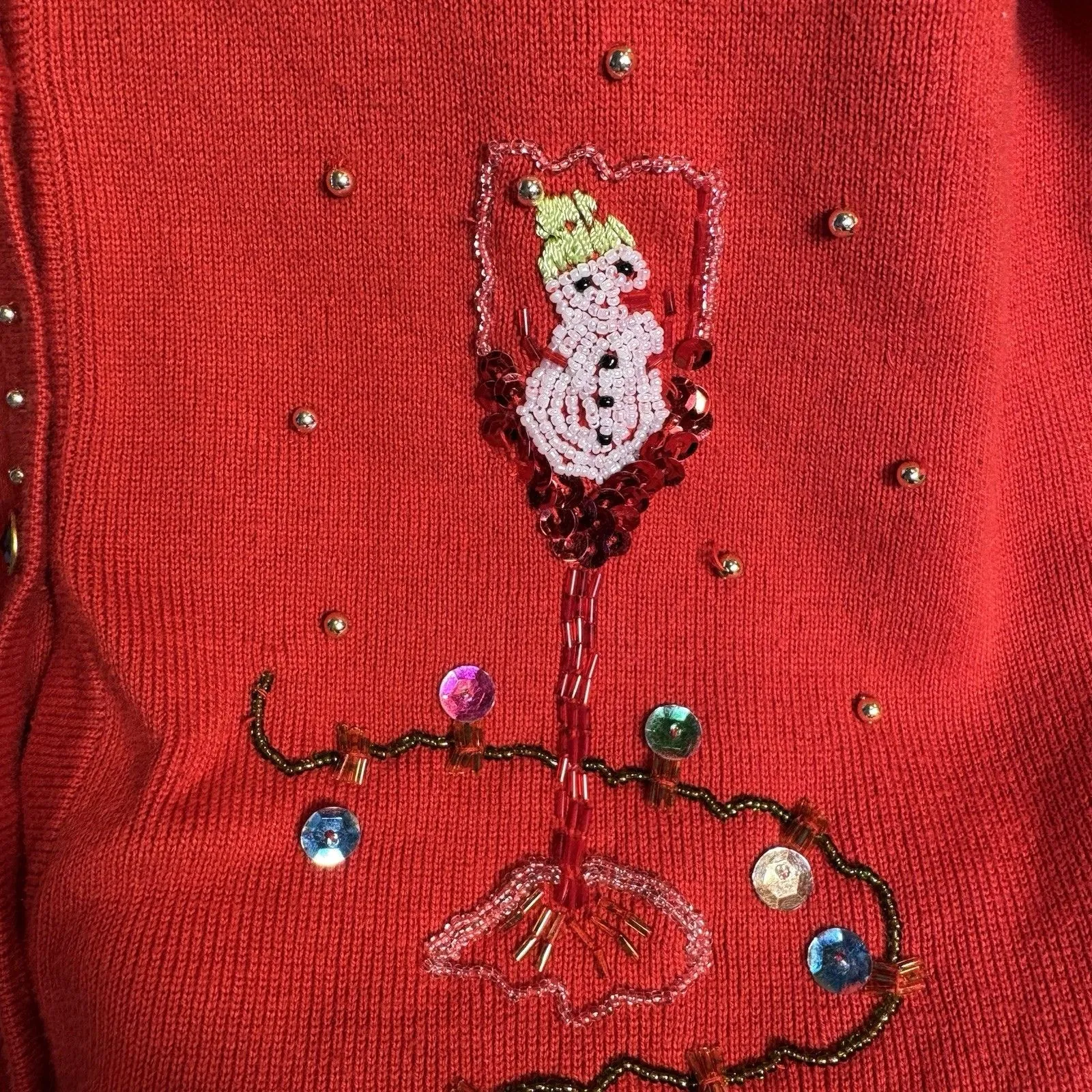 KIKIT Christmas Cardigan Size M Red Beaded Sequins Flowers Drinks Snowman Lights Size M - Image 5