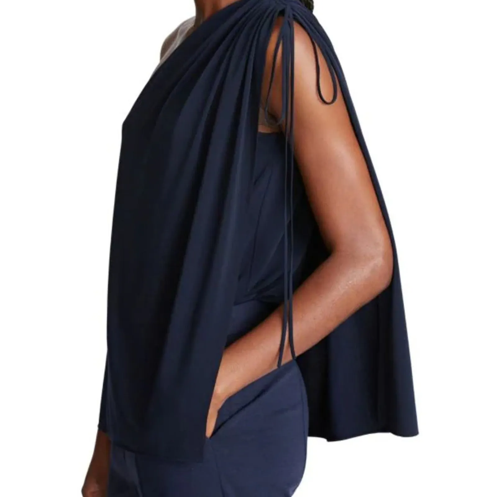 Halston Nathalie Jersey Draped One Shoulder Navy Top XL - Image 4