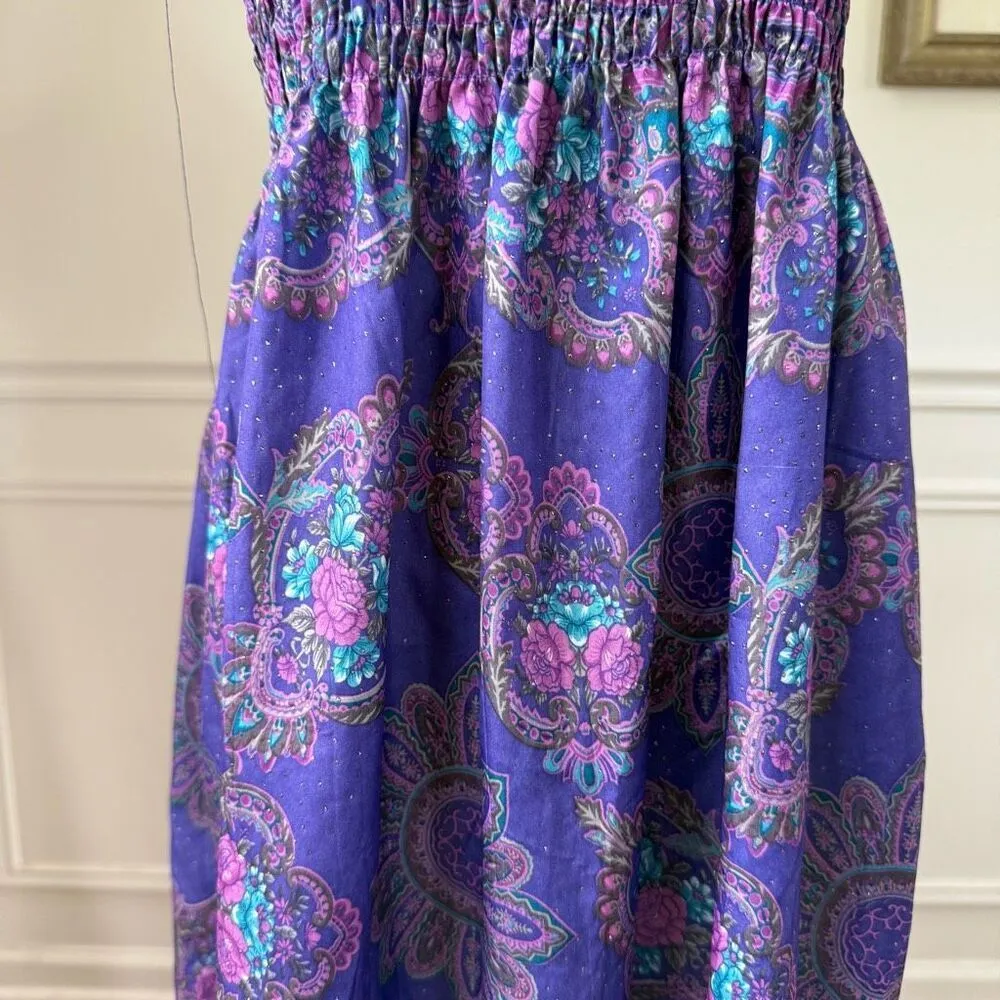 Vintage 80s Purple Strapless Smocked Top Sun Dress S - Image 4