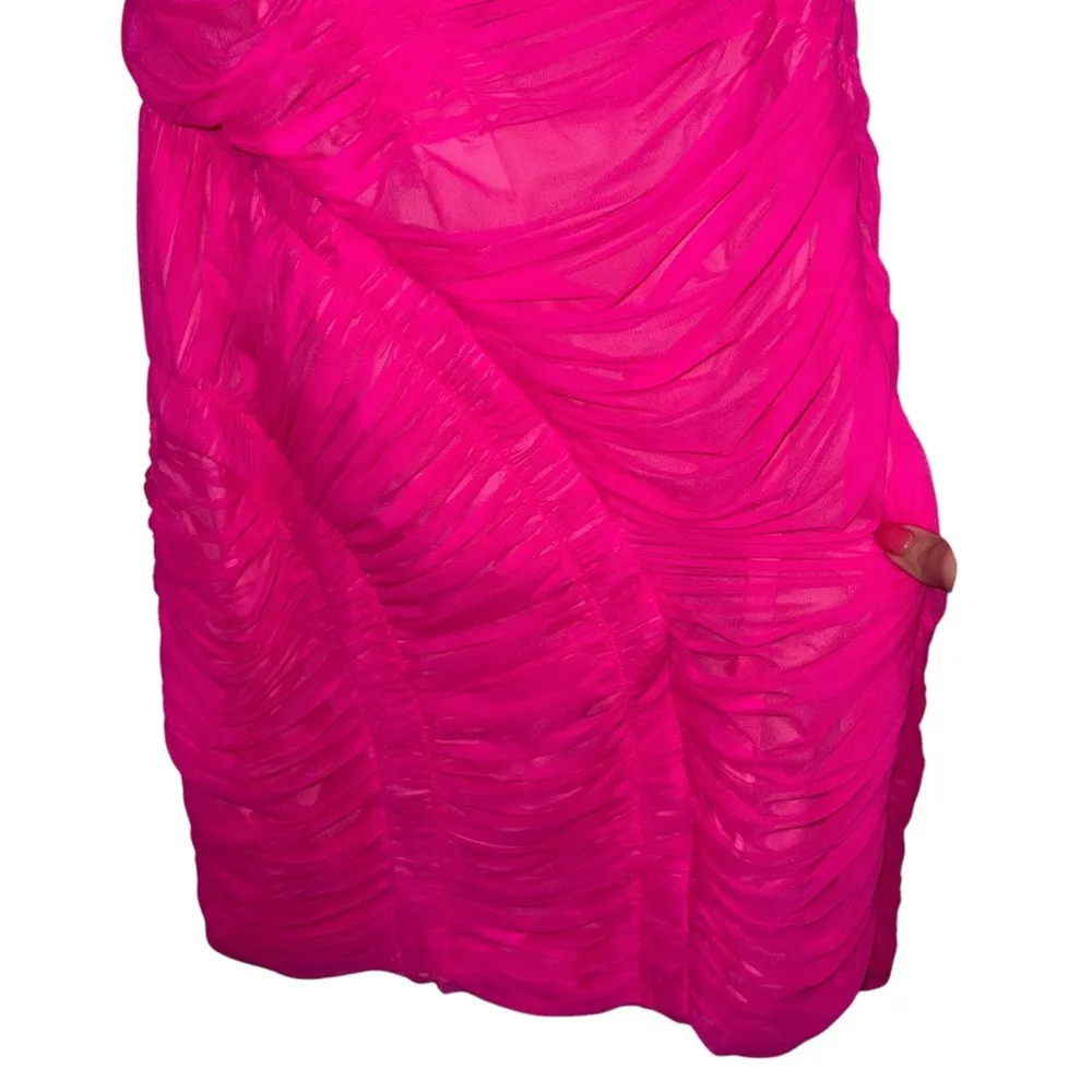 NEW NWT Herve Leger One Shoulder Draped Jersey Mini Dress In Neon Pink - Image 5