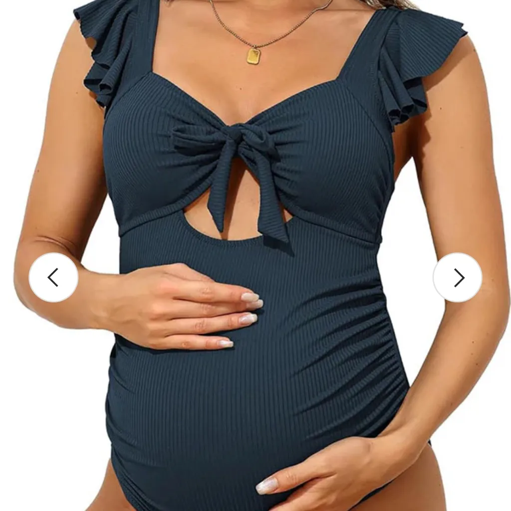 Charmo Ribbed Cut Out Ruched Pregnancy One Piece Swimsuit Ruffles and Ties UPF50 Blue Size undefined - Image 4