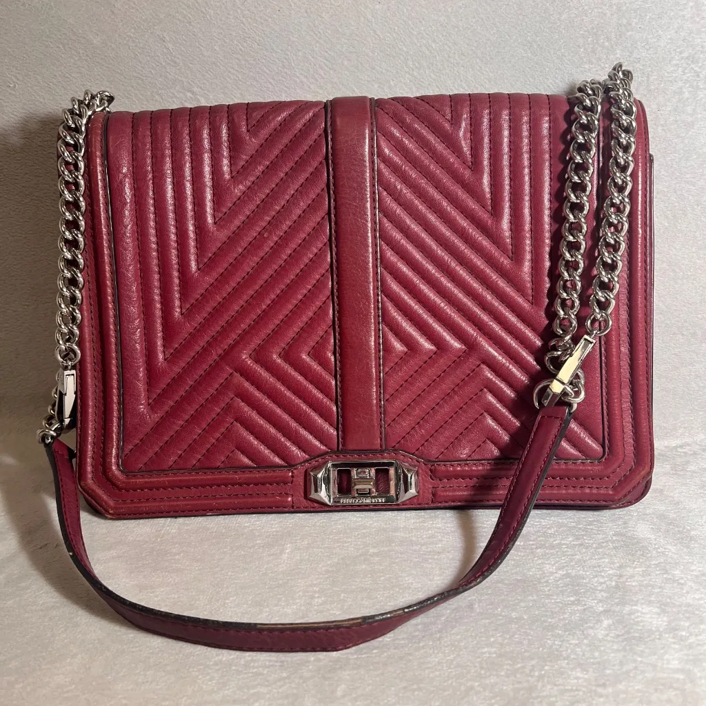 Rebecca Minkoff Love Crossbody Bag Burgundy Quilted Leather Silver Chain - Image 6