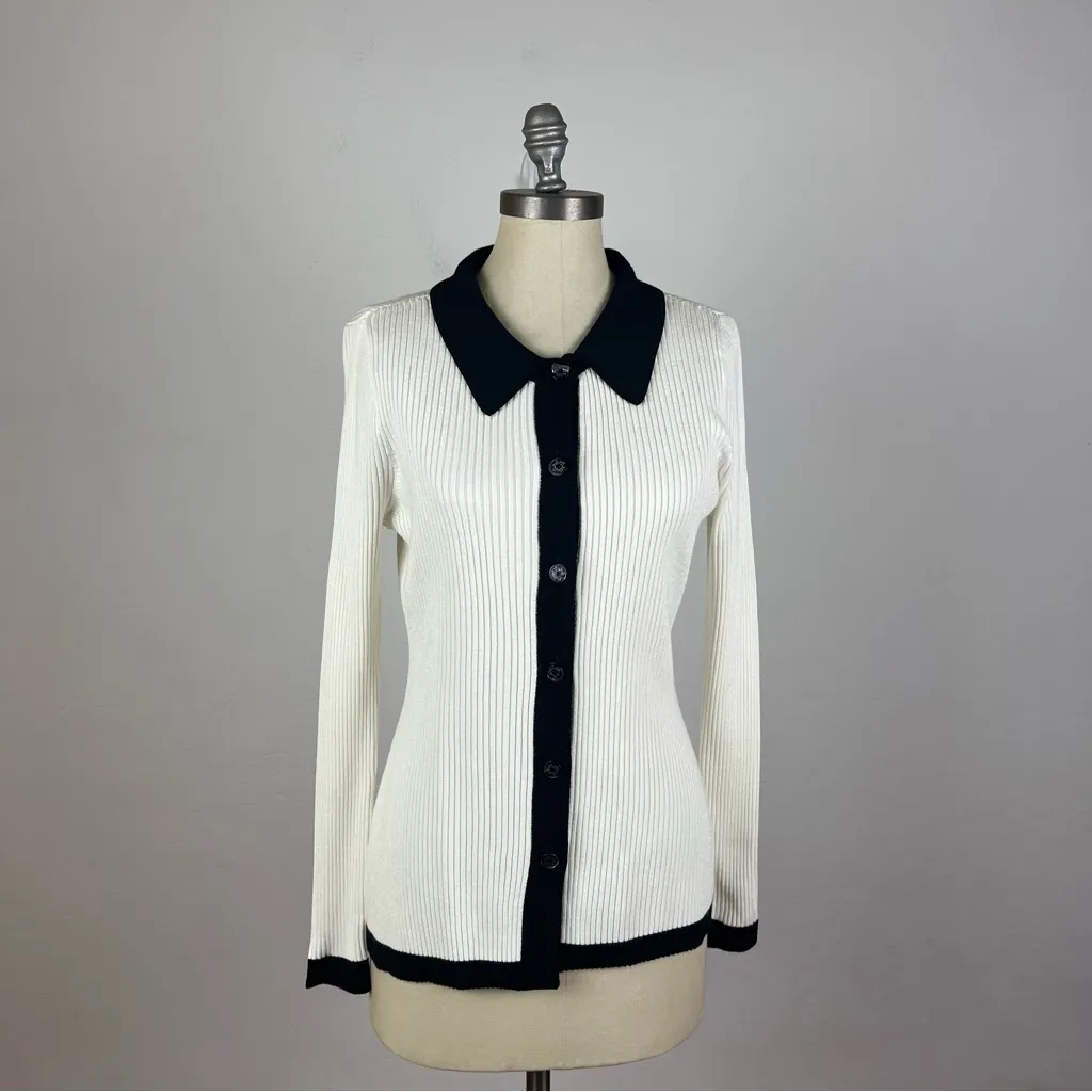 White House Black Market Petite Black + White Colorblock Cardigan - Image 2