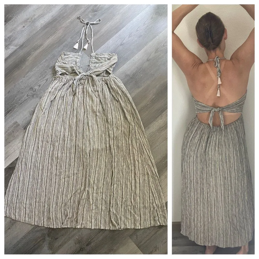 Promesa Halter Midi Dress Black Cream Back Tie Boho Vacation - Image 7