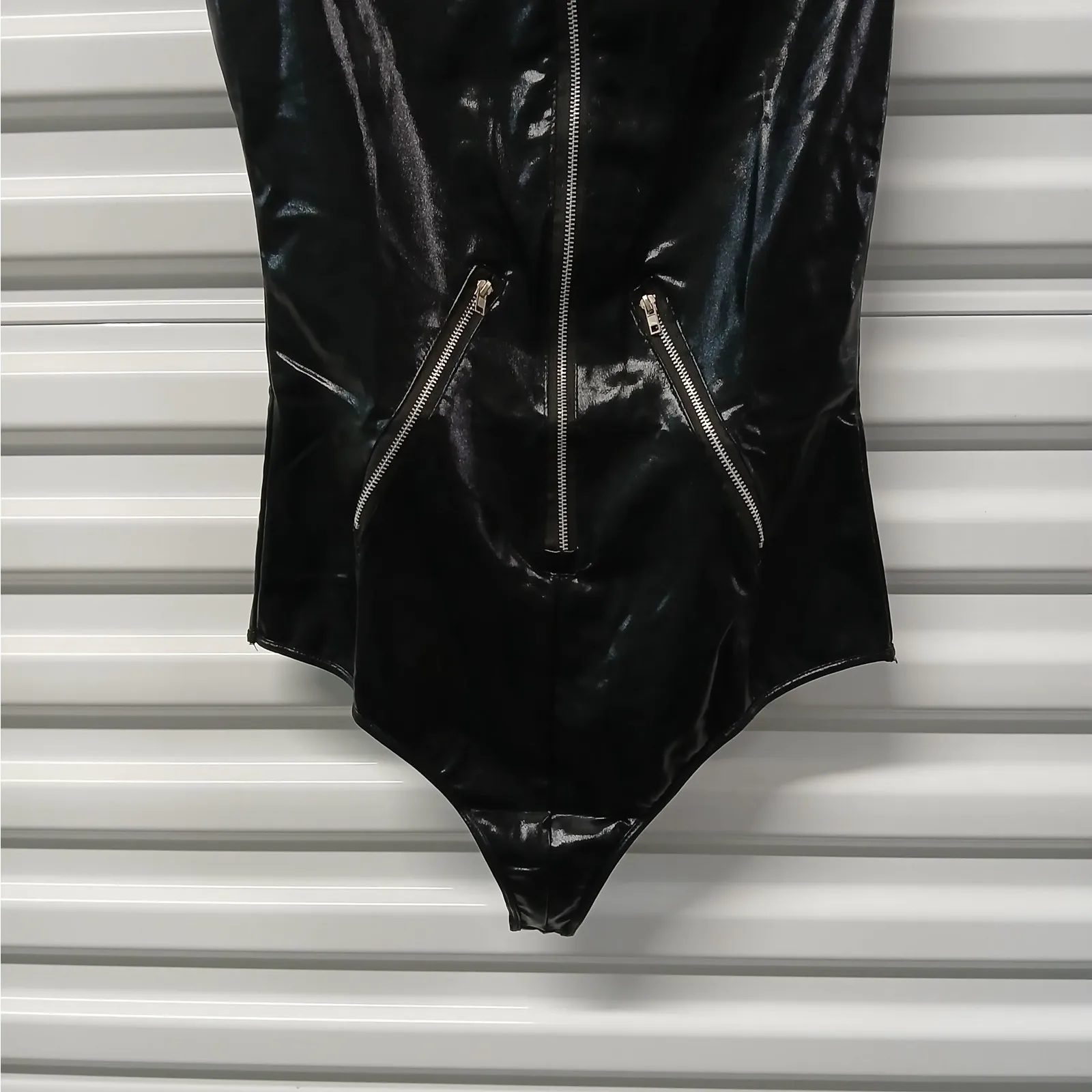Womens Bodysuit Size Small Black Faux Leather Zip Front Biker Whimsygoth Matrix - Image 3