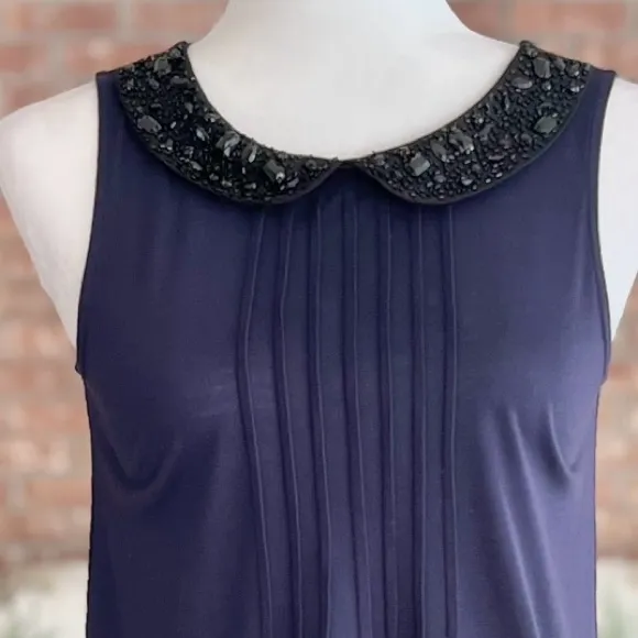 Loft Tank Top Beaded Peter Pan Collar Pin-tuck Knit XS Blue Sleeveless Preppy - Image 3