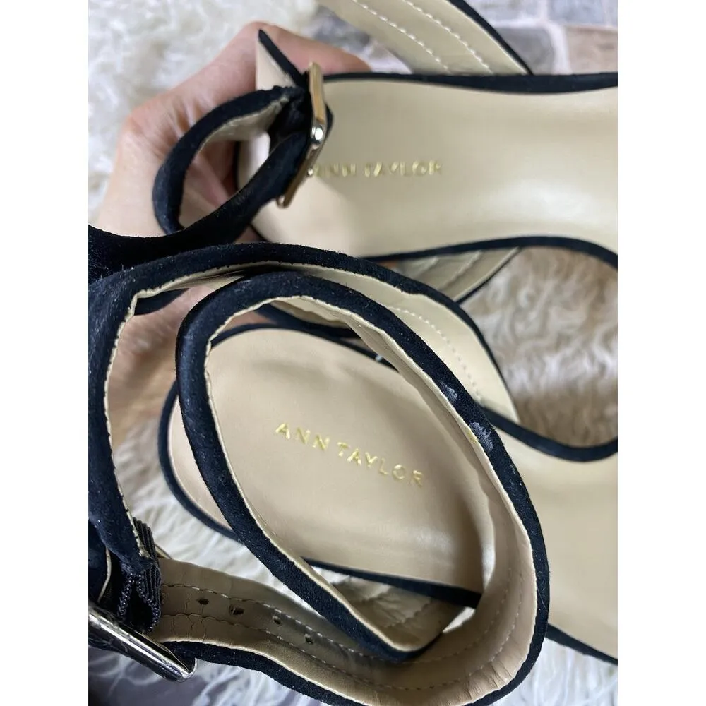 Ann Taylor Black Suede ROWAN Strappy GOLD METALLIC Block Heel Sandals Size 7M - Image 7