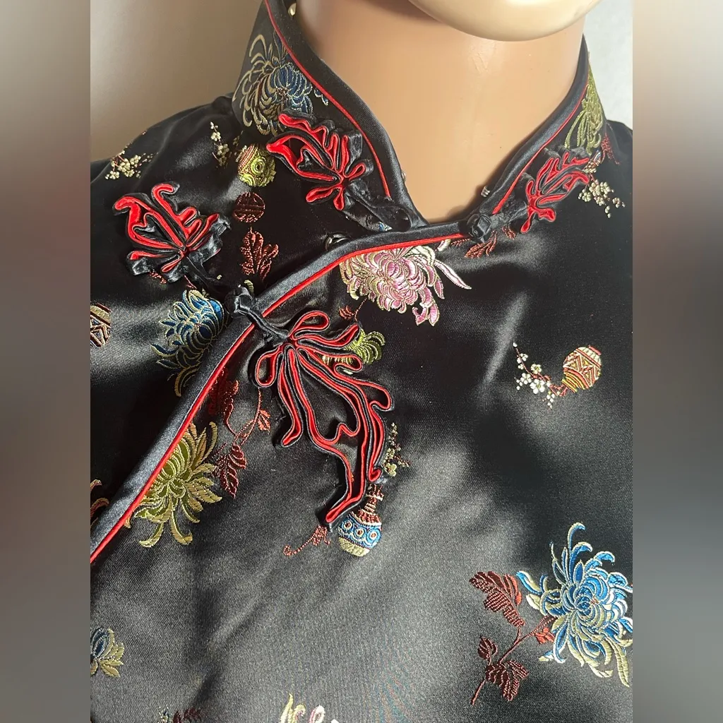 Squirrel Hangzhou China Black Floral Cheongsam Dress 100% Rayon Sz 34x17 Pink - Image 3