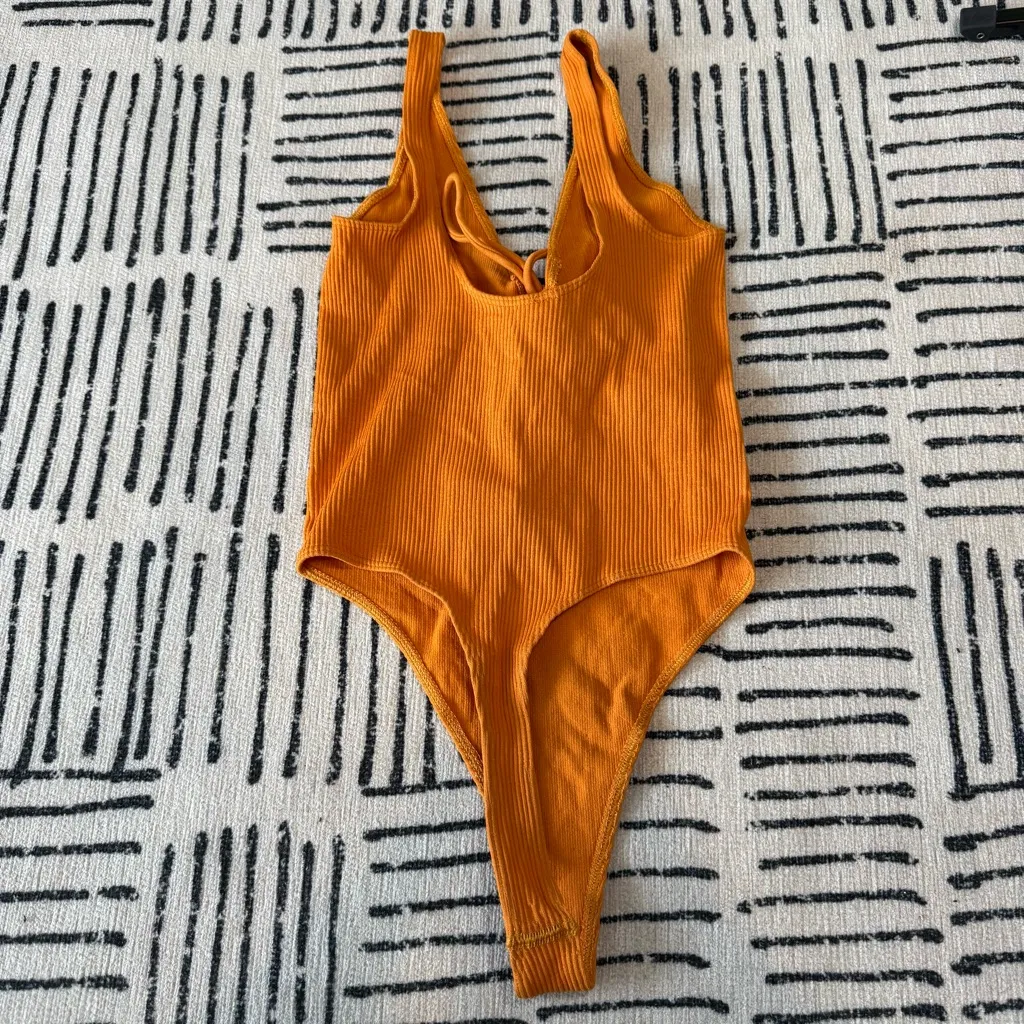 NWT Urban Outfitters Out From Under Katrina Ribbed Lace Up Bodysuit Orange XS/S - Image 4