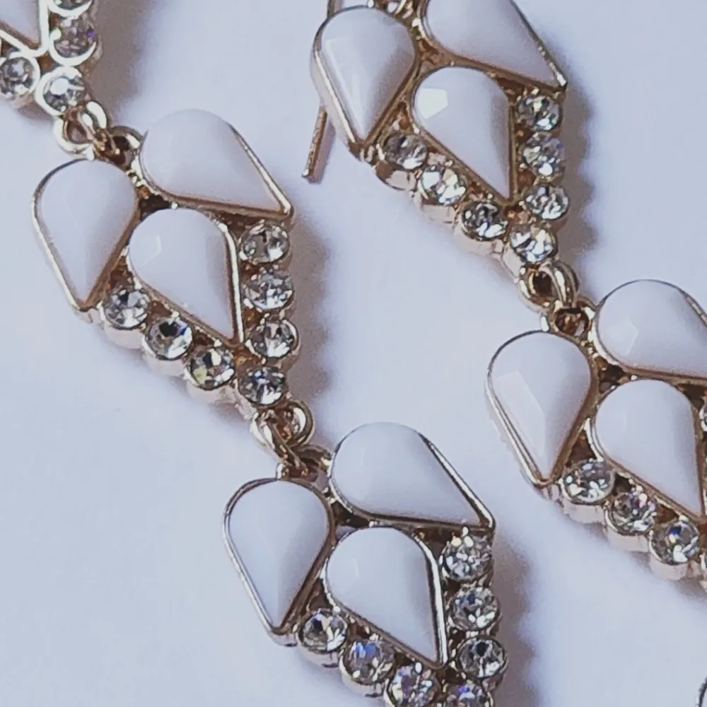 Long Statement White with Crystal Drop Earrings Gold - Image 2