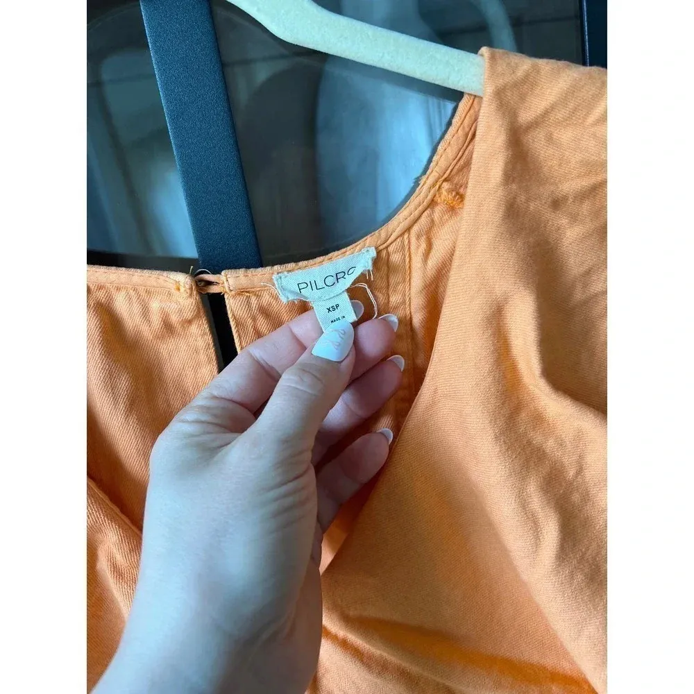 Pilcro Ruffle Dress neon orange coral Vneck shift mini pockets buttons - Image 8