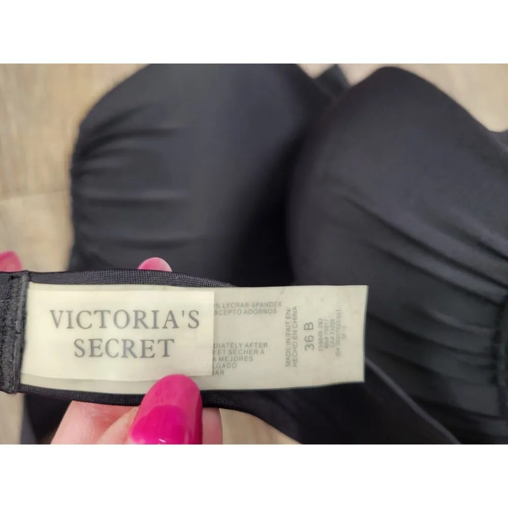 Victoria Secret Halter Bikini Swim Top 36B Solid Black Padded Push Up Bathing - Image 3