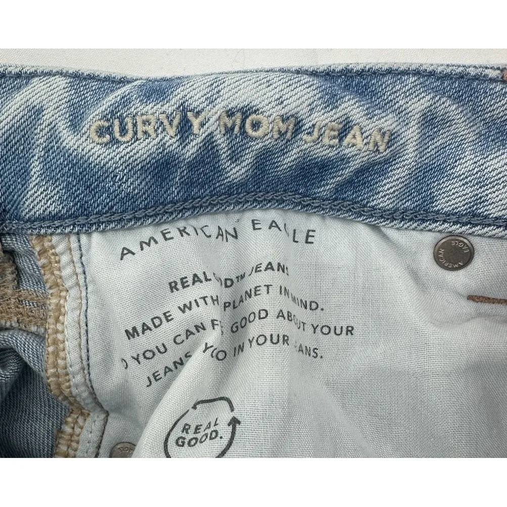 American Eagle Curvy MOM Jeans  Distressed High Rise Raw Hem Size 10 Denim - Image 5