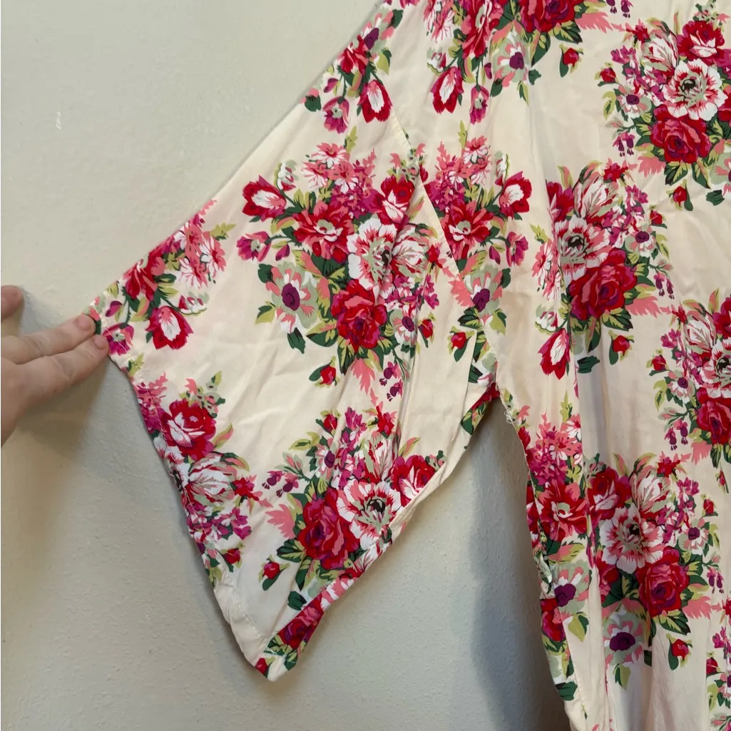 Boho Floral Kimono Cardigan Roses Side Ties 2000s Era L/XL Pink Size L - Image 2