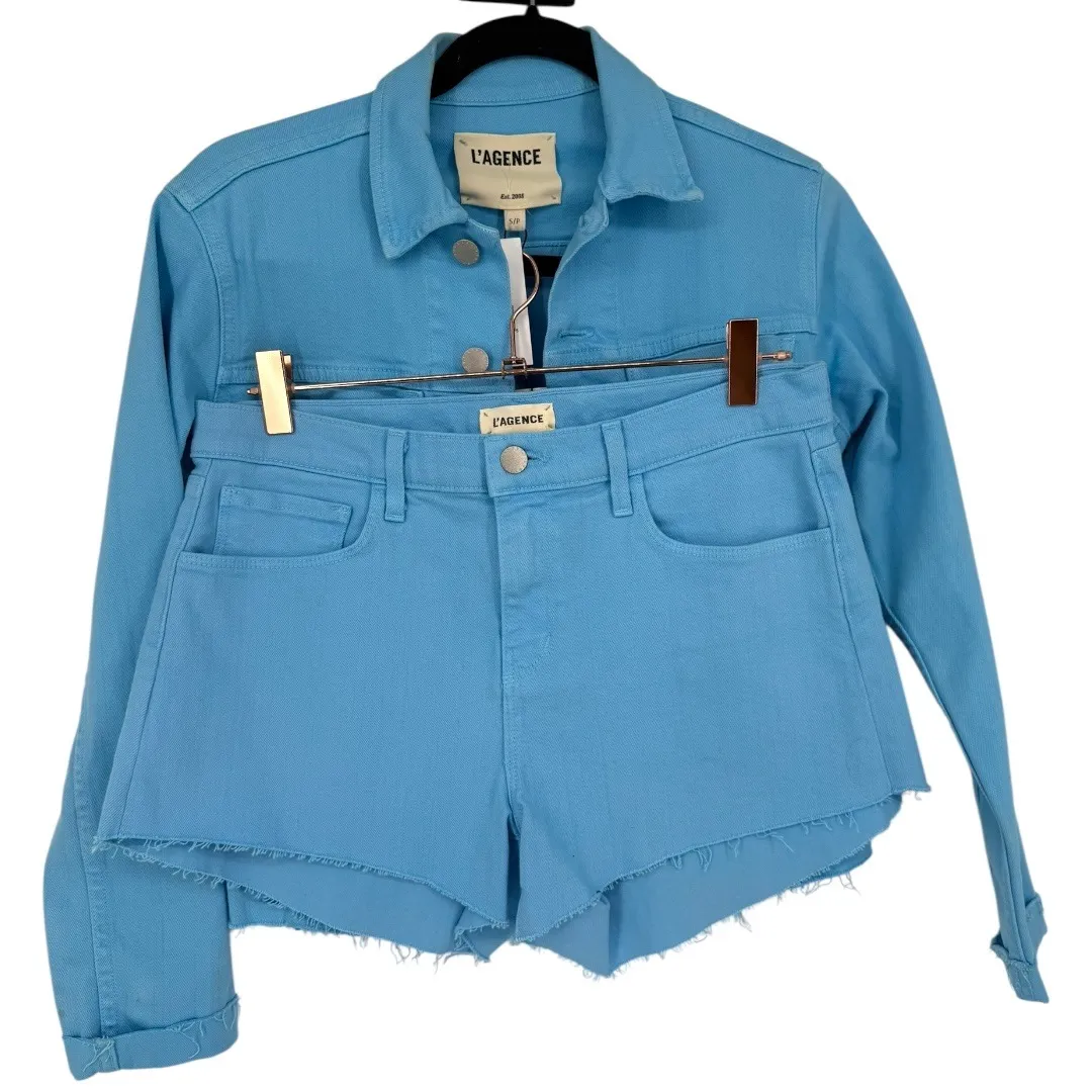 NWT L'AGENCE Janelle Slim Cropped Jean Jacket Raw Hem + Shorts Blue Size Small - Image 11