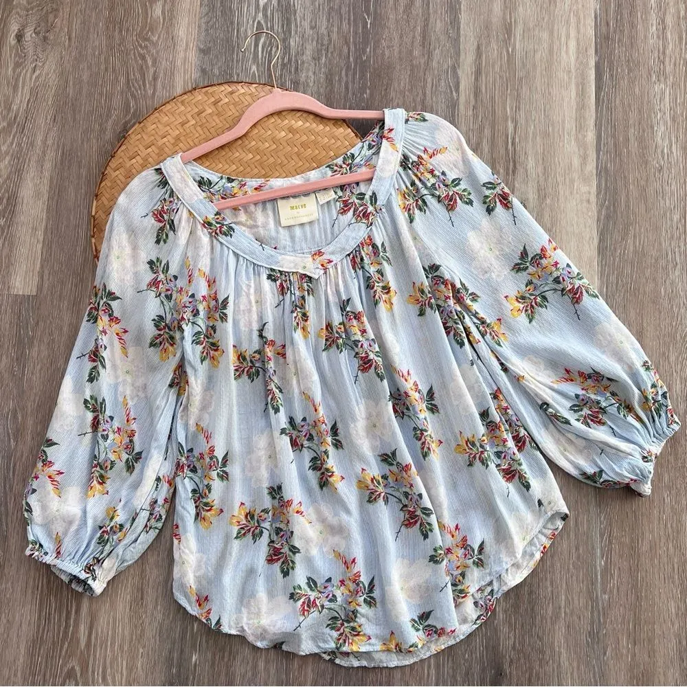 Anthropologie maeve Boswell blouse in floral blue‎ stripe women’s size 2 - Image 3
