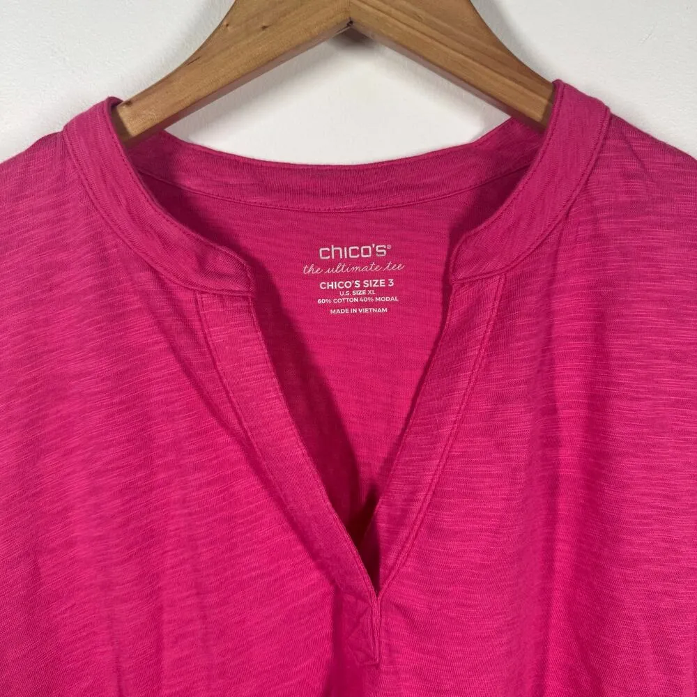 Chicos Women XL Tunic Top Pink 3/4 Sleeve Notch Neck Shark Bite Hem Pull Over - Image 7