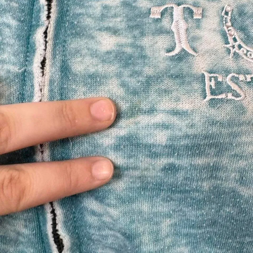 Cowgirl Tuff Acid Washed Bedazzled Zip Up Teal Sleeve Hit Back Hit Hood Hit Size M - Image 2