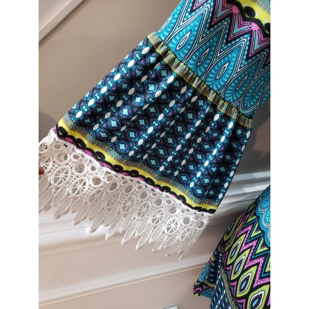 Win Win Tunic Top Women XL Multicolor Lace Sleeve Boho Stretch Knit Blouse Blue - Image 5