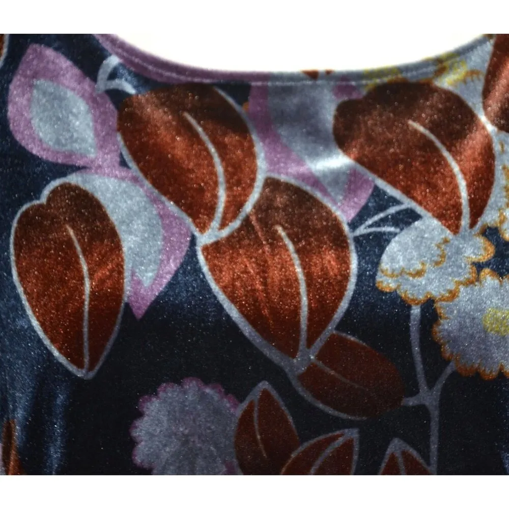 Ann Taylor Ladies Blue Velvet Rust Leaf Pattern Short Sleeve Blouse M Slit Casua - Image 3