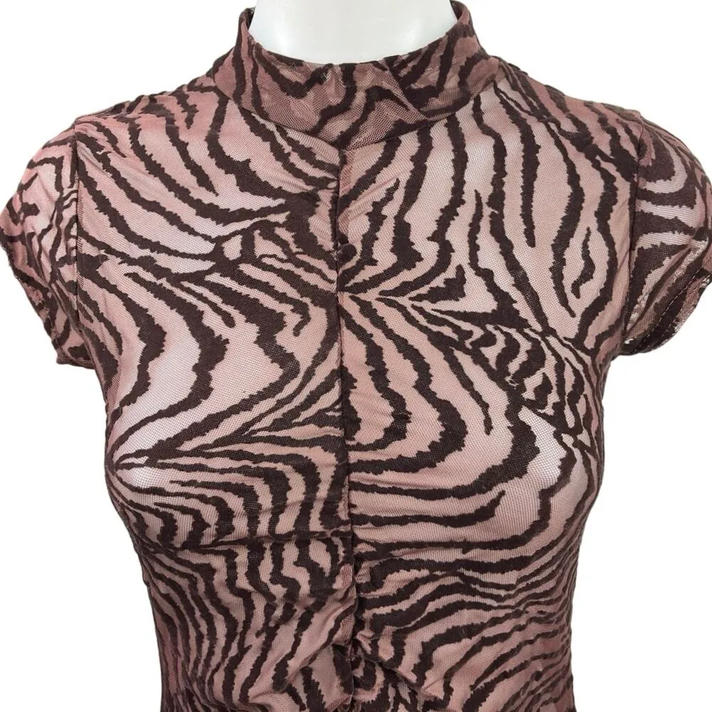PrettyLittleThing Brown Mesh Animal Zebra Print High Neck Maxi Bodycon Dress 4 - Image 5