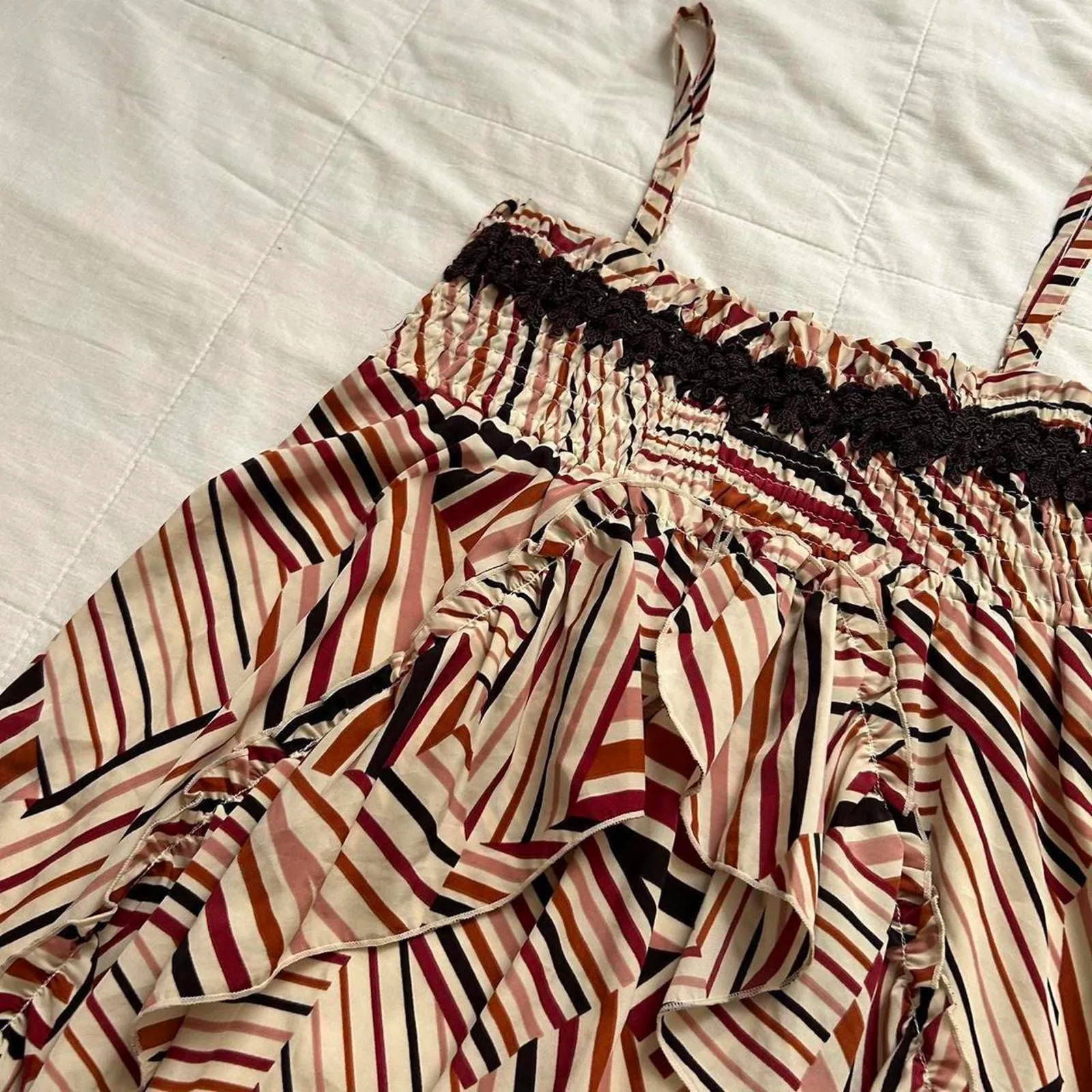 Axes Femme red mixed stripe smocked top dress ruffles Size medium, from Japan Brown - Image 3