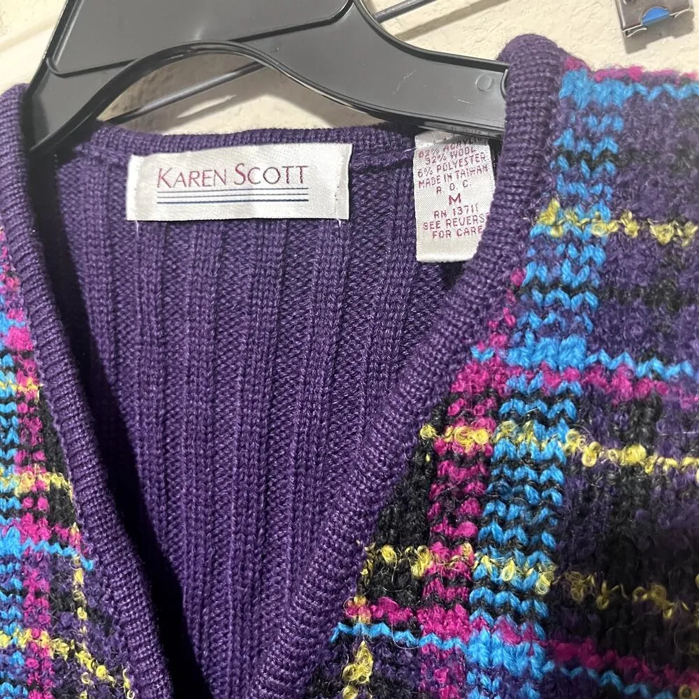 VTG Karen Scott Sweater Vest wool blend Purple plaid full zip sz M academia - Image 3