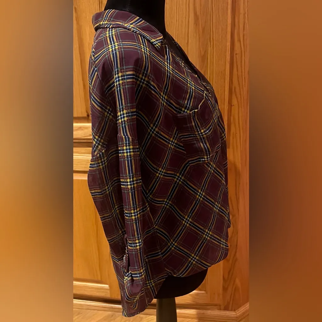 Lush Sheer Plaid Long Sleeve Surplice Faux Wrap Blouse in Dark‎ Wine Size Small - Image 5