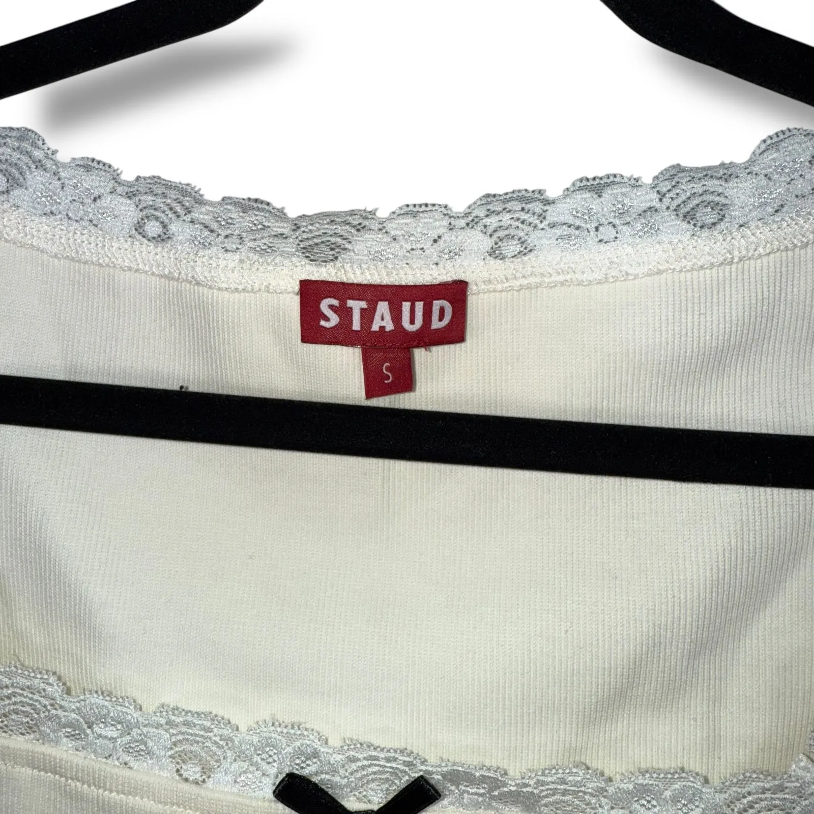 STAUD Paisley Ivory Ribbed Lace Trim Ivory with Bow Square Neck‎ Long Sleeve Top - Image 5
