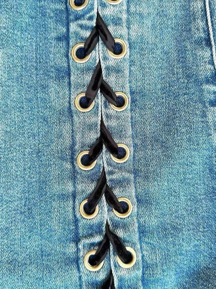 Neon Blonde Lace Up Skinny Jeans Blue Size 27 - Image 3