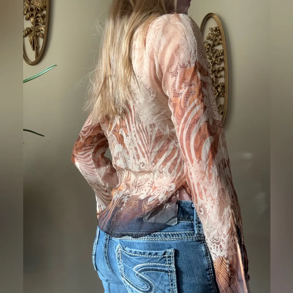 Ice Y2K Sheer Lightweight Flowy Sleeve Top Tan - Image 13