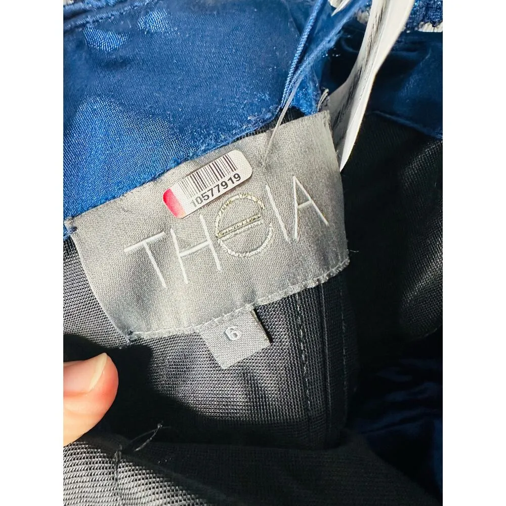 THEIA Dark Blue Metallic Floral Lace Overlay Shimmering Element Gown Size 6 - Image 12