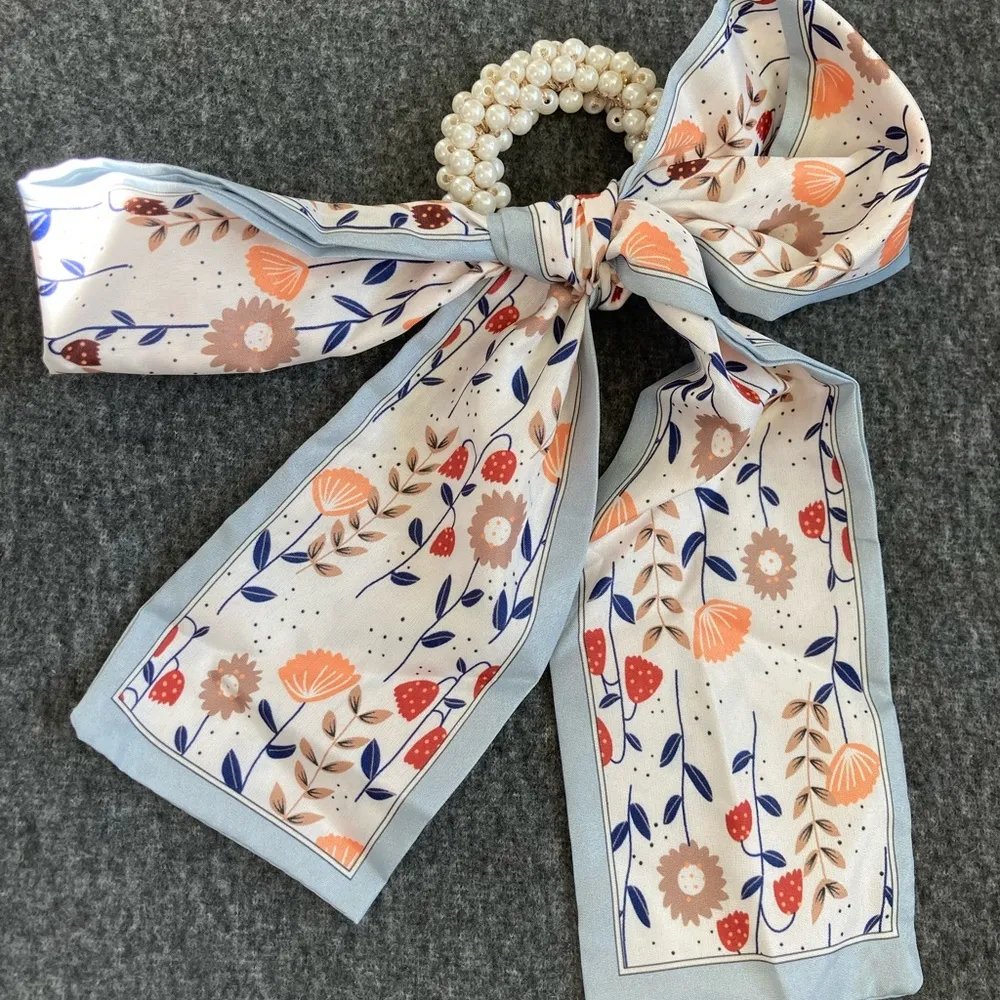 New Bowknot artificial Silk Hair Scrunchies Women artificial Pearls Elastic band White - Image 5