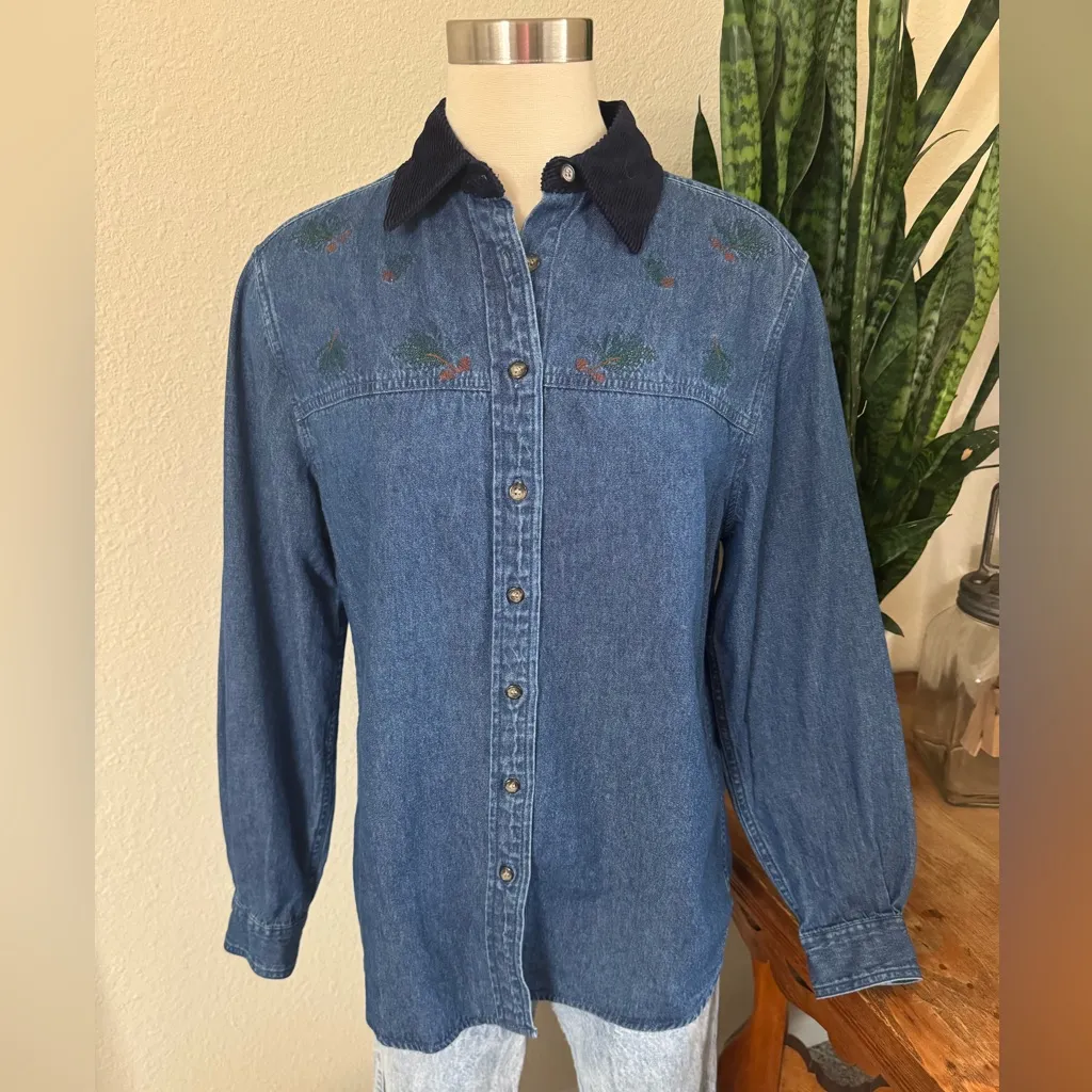 Vintage‎ Denim Embroidered Christmas Shirt Corduroy Collar 90s pine cones medium Blue - Image 7
