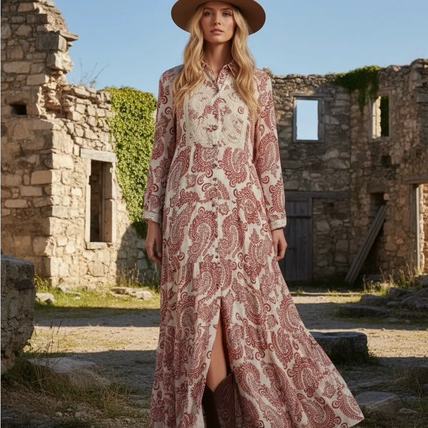 ANTROPOLOGY Dress Allaire Maxi Flowy Dress, Brown Red & Cream - Image 4