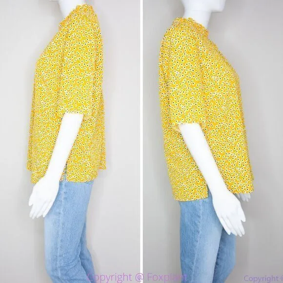 Carolina Belle yellow floral‎ print blouse ruffle crewneck, size M - Image 11