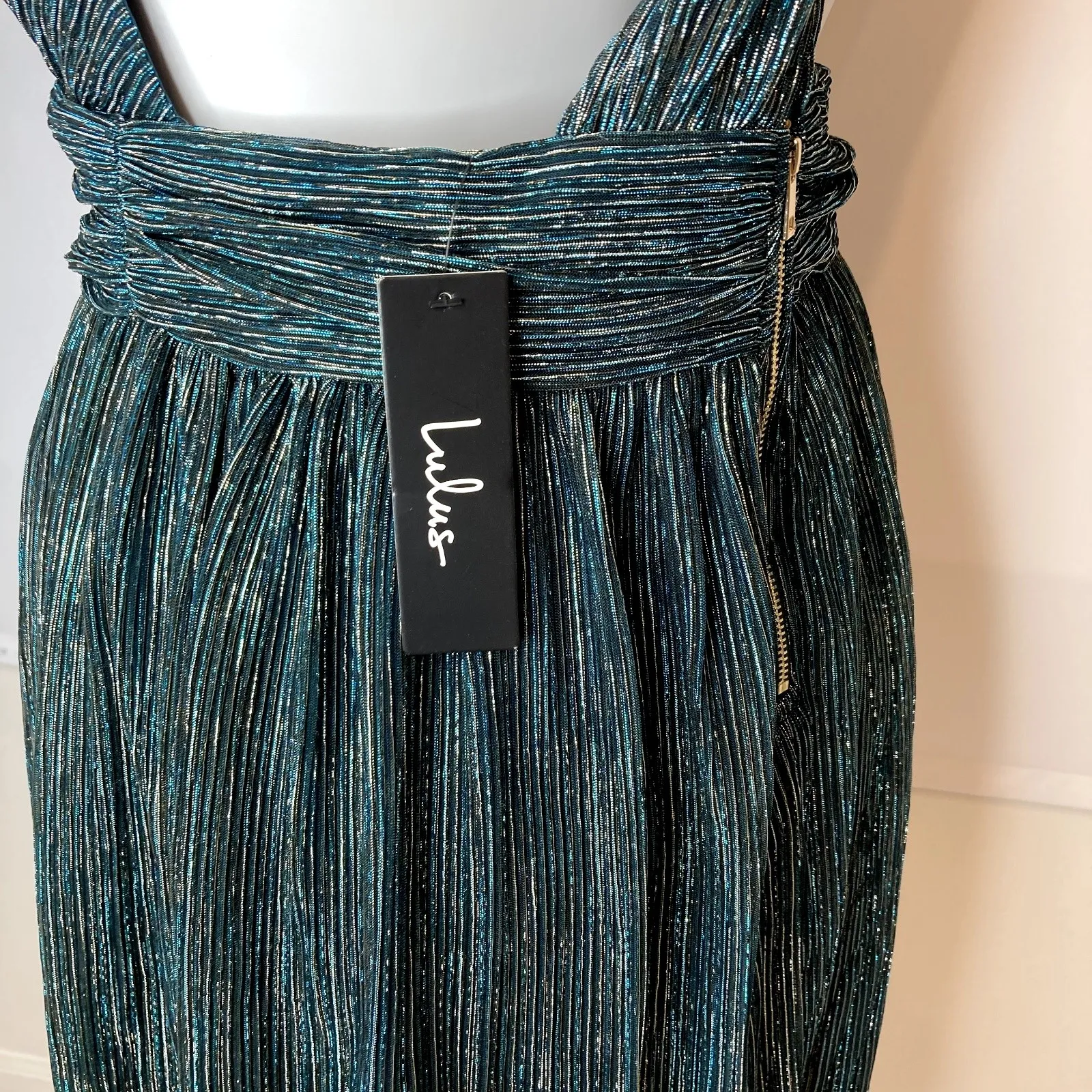 New LULUS Ailey Metallic Teal‎ Twist Back Skater Dress Womens Size L Mini Party Blue Size L - Image 7