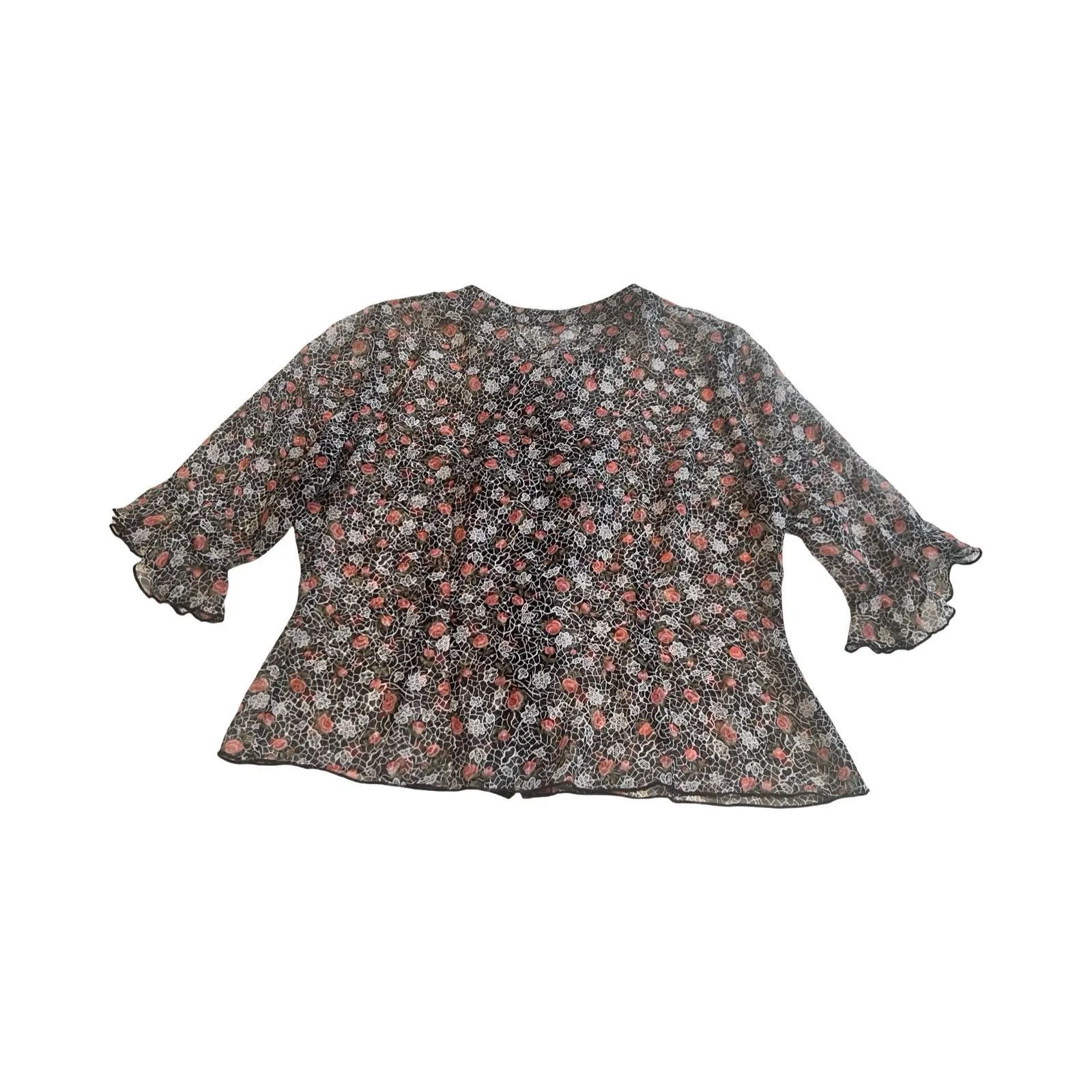 Vintage Tess Women’s 100% Silk Floral Black Red Sz 12 Ruffle Sheer Button‎ Up - Image 3
