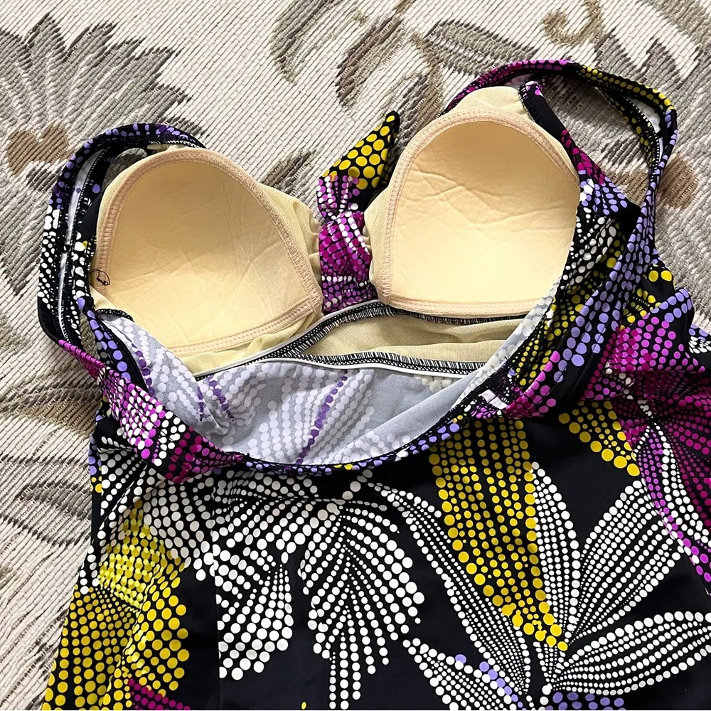 Colorful Polkadot Swimdress One Piece Swimsuit Swim Dress Tropical Palm 8 10 12 Black - Image 4