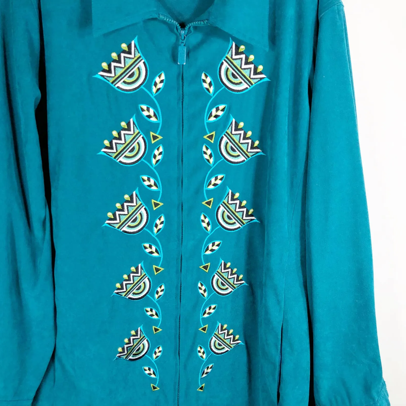 Bob‎ Mackie Plus Size 1X Jacket Green Embroidered Wearable Art Blue White 1337 - Image 3