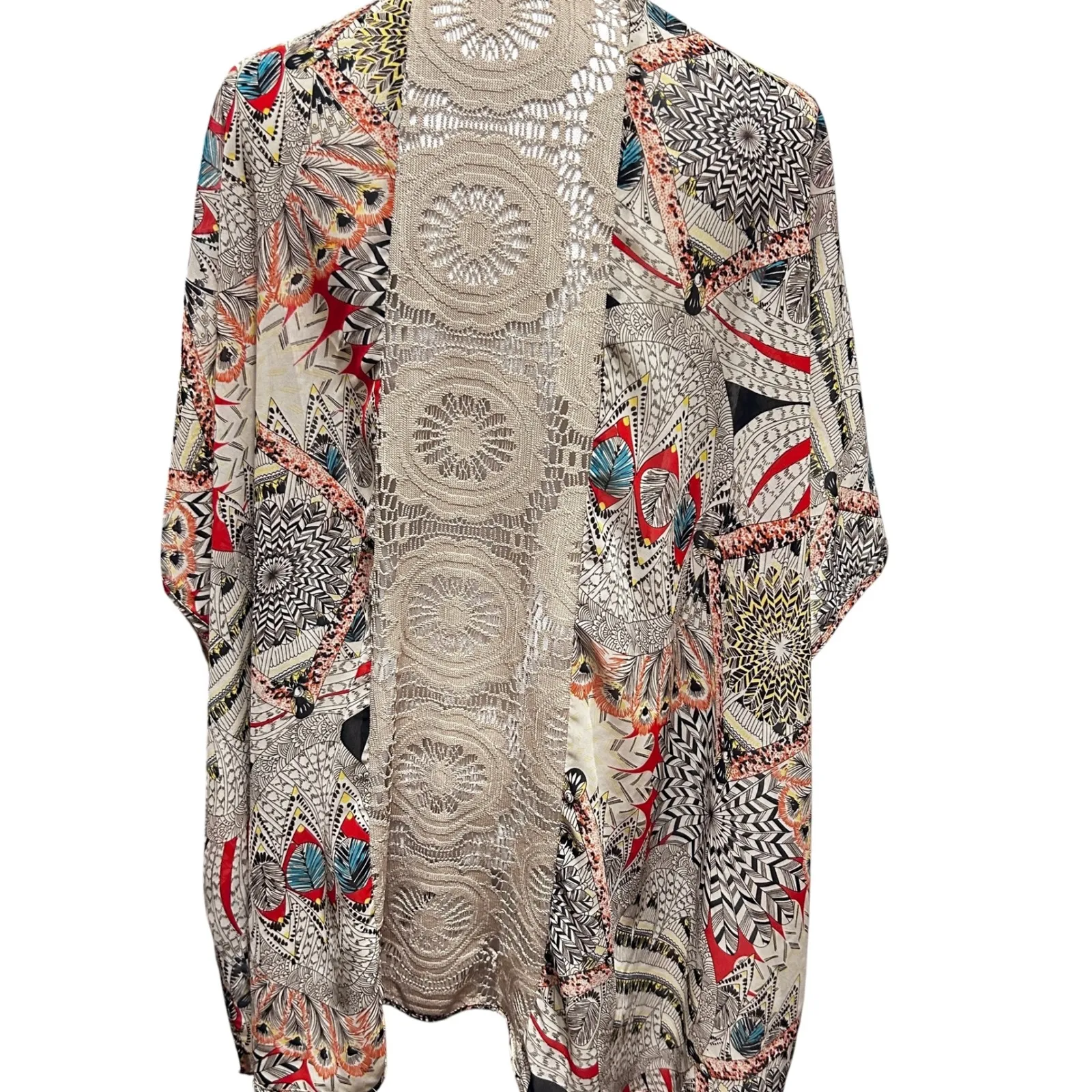 Cato‎ Kimono  Cardigan S Cream Multicolor Abstract Crochet Back Open Front Boho - Image 8